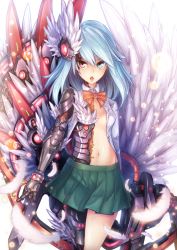 Rule 34 | 1girl, :o, asymmetrical wings, blouse, blue hair, feathers, hair ornament, heterochromia, long hair, looking at viewer, mechanical arms, mechanical legs, mechanical wings, navel, no bra, open clothes, open shirt, original, pink eyes, saltydanshark, shirt, single mechanical arm, single mechanical leg, skirt, solo, white shirt, white wings, wings