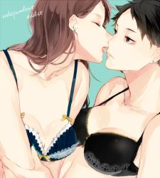 Rule 34 | 10s, 2girls, aqua background, bad id, bad pixiv id, black bra, black eyes, black hair, blue bra, bow, bra, breasts, brown hair, cleavage, closed eyes, closed mouth, collarbone, earrings, english text, eyelashes, face-to-face, frills, genderswap, genderswap (mtf), haikyuu!!, haku (tokuray), iwaizumi hajime, jewelry, large breasts, licking, licking another&#039;s face, long hair, looking at another, multiple girls, oikawa tooru (haikyuu!!), open mouth, parted bangs, saliva, short hair, simple background, stud earrings, swept bangs, text focus, tongue, tongue out, underwear, underwear only, upper body, yellow bow, yuri, zipper
