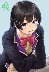 Rule 34 | 1girl, black hair, black jacket, blazer, blue background, blue eyes, bow, bowtie, braid, brown sweater, cardigan, clover, commentary request, dress shirt, elbow rest, french braid, hair ornament, hairclip, jacket, leaning forward, long hair, looking at viewer, nathaniel pennel, nijisanji, open mouth, pink bow, pink bowtie, school uniform, shirt, smile, solo, sweater, tsukino mito, tsukino mito (1st costume), virtual youtuber, white shirt, wing collar