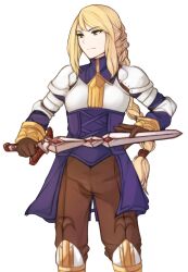 Rule 34 | 1girl, absurdres, agrias oaks, armor, blonde hair, braid, breastplate, brown eyes, brown pants, dissidia final fantasy, dissidia final fantasy opera omnia, final fantasy, final fantasy tactics, gloves, highres, holding, holding sword, holding weapon, looking at another, pants, shoulder armor, solo, sword, tridisart, weapon, white background