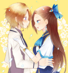 Rule 34 | 1boy, 1girl, :o, ascot, asymmetrical bangs, bad id, bad pixiv id, black neckwear, blazer, blue bow, blue dress, blue neckwear, blush, bow, bracelet, brooch, brown hair, commentary, dress, dress shirt, earrings, floral background, from side, gloves, hair bow, hair ornament, hand on another&#039;s shoulder, hand on another&#039;s waist, high collar, jacket, jewelry, katarina claes, keith claes, kikumamo82, light brown hair, light particles, long hair, looking at another, necktie, open mouth, otome game no hametsu flag shika nai akuyaku reijou ni tensei shite shimatta, parted bangs, parted lips, petals, purple eyes, purple shirt, shirt, short hair, short sleeves, smile, standing, step-siblings, upper body, white gloves, white jacket, yellow background