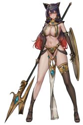 Rule 34 | 1girl, animal ears, black hair, breasts, cat ears, commentary request, egyptian, elbow gloves, facstxsb, full body, gloves, gold, gradient hair, halberd, highres, holding, holding polearm, holding weapon, large breasts, long hair, multicolored hair, navel, orange eyes, original, pelvic curtain, polearm, red hair, revealing clothes, shield, single thighhigh, skindentation, solo, spear, standing, thighhighs, two-tone hair, usekh collar, weapon, white background