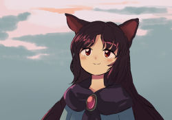 Rule 34 | 1girl, animal ears, blue shirt, blush stickers, brooch, brown hair, closed mouth, cloud, cloudy sky, eyebrows hidden by hair, imaizumi kagerou, jewelry, long hair, looking ahead, parted bangs, red eyes, shirt, sky, smile, solo, street dog, touhou, twilight, upper body, wolf ears, zun (style)
