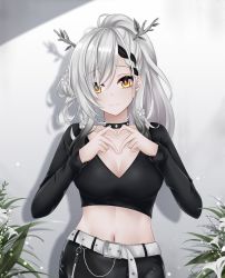 Rule 34 | 1girl, absurdres, antlers, belt, braid, branch, breasts, ceres fauna, cleavage, collar, collarbone, earrings, hair bun, heart, heart hands, highres, hololive, hololive english, horns, indoors, jewelry, large breasts, leaf, looking at viewer, medium hair, midriff, multicolored hair, navel, plant, popcornflakes, single hair bun, smile, spiked collar, spikes, standing, streaked hair, virtual youtuber, wall, white hair, yellow eyes