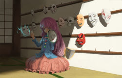 Rule 34 | 1girl, absurdres, billy the puppet, bleach, blue shirt, bow, expressionless, glowing, guy fawkes mask, hand up, hata no kokoro, highres, holding, holding mask, league of legends, long hair, long sleeves, mask, newnand, oni mask, pink skirt, purple eyes, purple hair, saw (movie), scream (movie), shirt, skirt, solo, tengu mask, touhou, v for vendetta