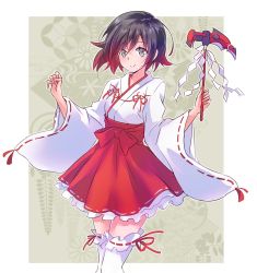 Rule 34 | 1girl, alternate costume, black hair, blush, breasts, closed mouth, crescent rose, facing viewer, frilled skirt, frills, gohei, gradient hair, grey eyes, hands up, happy, highres, holding, holding scythe, holding stick, holding weapon, iesupa, japanese clothes, kimono, long sleeves, looking at viewer, messy hair, miko, multicolored hair, red hair, red ribbon, red skirt, ribbon, ruby rose, rwby, sash, scythe, shide, shinto, short hair, skirt, smile, solo, standing, stick, thighhighs, two-tone hair, weapon, white thighhighs, wide sleeves