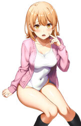 Rule 34 | 1girl, absurdres, arm support, black socks, blush, breasts, cardigan, collarbone, commentary request, covered navel, cowboy shot, embarrassed, finger to cheek, highres, inanaki shiki, isshiki iroha, knees together feet apart, medium breasts, medium hair, one-piece swimsuit, open mouth, orange hair, pink cardigan, raised eyebrows, simple background, sitting, skin tight, socks, solo, swimsuit, thighs, white background, white one-piece swimsuit, yahari ore no seishun lovecome wa machigatteiru., yellow eyes