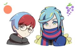 Rule 34 | 1boy, 1girl, blonde hair, blue hair, blue mittens, commentary, creatures (company), eyebrows hidden by hair, food, fruit, game freak, glasses, grapes, grusha (pokemon), mittens, multicolored hair, nintendo, orange (fruit), penny (pokemon), pokemon, pokemon sv, red hair, round eyewear, sara bon, scarf, scarf over mouth, short hair, twitter username, two-tone hair, winter clothes