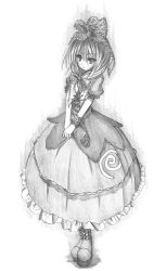 Rule 34 | 1girl, boots, bow, dress, female focus, frilled dress, frills, front ponytail, full body, graphite (medium), greyscale, hair bow, kagiyama hina, kurona, monochrome, own hands together, short hair, solo, standing, touhou, traditional media, white background
