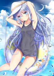 Rule 34 | 10s, 1girl, aruka (alka p1), bare arms, bare legs, blue eyes, hair between eyes, hammer and sickle, hat, hibiki (kancolle), highres, innertube, kantai collection, long hair, one-piece swimsuit, school swimsuit, silver hair, smile, solo, swim ring, swimsuit, verniy (kancolle), water, white hat