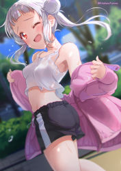 Rule 34 | 1girl, arashi chisato, ass, birthday, blush, breasts, collarbone, commentary, double bun, hair bun, kitahara tomoe (kitahara koubou), long hair, looking at viewer, love live!, love live! superstar!!, midriff, one eye closed, red eyes, removing jacket, short shorts, shorts, single sidelock, small breasts, smile, solo, sweat, tree, twitter username, white hair