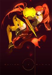 Rule 34 | 1girl, breasts, character name, elbow gloves, forehead protector, gloves, green eyes, long hair, ponytail, pyrrha nikos, red hair, rwby, saberiii, shield, smile, solo, sword, weapon
