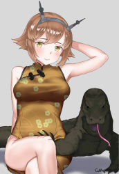 Rule 34 | 1girl, artist name, brown hair, china dress, chinese clothes, cowboy shot, curry soba, dress, floral print, gold dress, grey background, hairband, headgear, highres, kantai collection, komodo dragon, looking at viewer, mutsu (kancolle), short hair, simple background, sitting, solo, yellow eyes