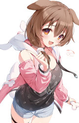 Rule 34 | 1girl, :d, absurdres, animal ears, black shirt, blouse, blue shorts, blush, bone, breasts, bridal garter, brown eyes, cleavage, commentary, dog ears, dog girl, hair between eyes, hana mori, highres, holding, holding bone, hololive, hood, hooded jacket, inugami korone, inugami korone (loungewear), jacket, looking at viewer, medium breasts, official alternate costume, open clothes, open jacket, open mouth, pink jacket, print shirt, shirt, shorts, simple background, smile, solo, symbol-only commentary, thigh strap, thighs, virtual youtuber, white background