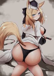 Rule 34 | 1girl, absurdres, animal ears, arknights, ass, blonde hair, blue eyes, blush, bow, bra, breasts, from behind, hair bow, hat, highres, horse ears, horse tail, kneeling, large breasts, long hair, looking at viewer, looking back, orca03ocean, shiny skin, short hair, sideboob, smile, solo, tail, thong, underwear, whislash (arknights)