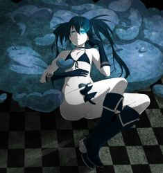 Rule 34 | 10s, 1girl, aconitea, bad id, bad pixiv id, bikini, bikini top only, black hair, black rock shooter, black rock shooter (character), blue eyes, boots, bottomless, checkered floor, choker, flat chest, floor, front-tie top, gloves, glowing, glowing eye, heart, heart-shaped pillow, highres, knee boots, long hair, lying, navel, no panties, on back, pale skin, pillow, ringed eyes, scar, solo, swimsuit, thigh strap, twintails, uneven twintails