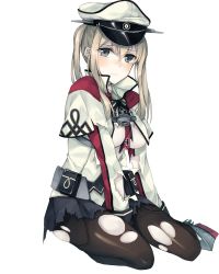 Rule 34 | 10s, 1girl, between legs, black gloves, black pantyhose, black skirt, blonde hair, blue eyes, blush, breasts, capelet, gloves, graf zeppelin (kancolle), hair between eyes, hand between legs, hat, highres, kantai collection, large breasts, long hair, long sleeves, microskirt, military, military uniform, no bra, pale skin, pantyhose, peaked cap, pleated skirt, rinarisa, sidelocks, simple background, skirt, solo, torn clothes, torn pantyhose, twintails, underboob, uniform, white background