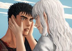 Rule 34 | 2boys, aki (akistrike), artist name, berserk, blood, blood on clothes, blood on face, blue eyes, brown eyes, clenched teeth, commentary, english commentary, evil smile, griffith (berserk), guts (berserk), hands on another&#039;s cheeks, hands on another&#039;s face, long hair, looking at another, male focus, multiple boys, outdoors, scar, scar on face, scar on nose, shirt, short hair, simple background, smile, spiked hair, surprised, teeth, white hair, white shirt