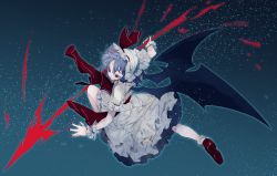Rule 34 | 1girl, bat wings, blood, blue hair, closed mouth, dress, fingernails, frilled dress, frills, glowing, highres, holding, holding polearm, holding spear, holding weapon, ikurauni, nail polish, polearm, red eyes, red footwear, red nails, remilia scarlet, short hair, solo, spear, touhou, vampire, weapon, white dress, wings