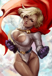 Rule 34 | 1girl, alien, blonde hair, blue eyes, blue gloves, breasts, cape, cleavage, cleavage cutout, clothing cutout, cloud, dc comics, female focus, flying, gloves, kryptonian, leotard, long sleeves, power girl, ramen (aquare9ia), red cape, short hair, smile, solo, superman (series)