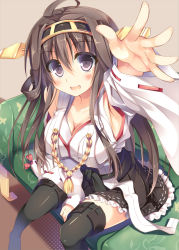 Rule 34 | 10s, 1girl, armpits, black thighhighs, breasts, brown eyes, brown hair, cleavage, couch, detached sleeves, frilled skirt, frills, green upholstery, hairband, japanese clothes, kantai collection, kongou (kancolle), large breasts, long hair, nozomi tsubame, personification, ribbon-trimmed sleeves, ribbon trim, sitting, skirt, solo, thighhighs