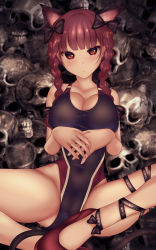 Rule 34 | 1girl, animal ears, bare shoulders, black bow, blunt bangs, blush, bow, braid, breasts, cat ears, cat tail, cleavage, collarbone, hair bow, highleg, highleg swimsuit, highres, kaenbyou rin, large breasts, leg ribbon, leotard, long hair, looking at viewer, multiple tails, one-piece swimsuit, red eyes, red hair, ribbon, shounen (hogehoge), sitting, skull, solo, spread legs, swimsuit, tail, thighs, touhou, twin braids, twintails, two tails