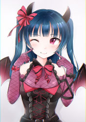 Rule 34 | 1girl, absurdres, alternate hairstyle, angel of eden (love live!), angel wings, artist name, artist request, back bow, bare shoulders, belt, black belt, blue bow, blue flower, blue hair, blue wrist cuffs, blush, bow, braid, breasts, collarbone, crown braid, crystal hair ornament, double bun, dress, female focus, flower, frilled dress, frills, hair bun, hair flower, hair ornament, hair ribbon, highres, long hair, looking at viewer, love live!, love live! school idol festival, love live! school idol festival all stars, love live! sunshine!!, medium breasts, parted lips, pink eyes, pink flower, plaid, plaid dress, pleated, pleated dress, purple eyes, ribbon, sharp teeth, short hair, short sleeves, sleeveless, sleeveless dress, smile, solo, strapless, strapless dress, striped, striped bow, teeth, tsushima yoshiko, upper body, white background, white detached collar, white dress, white flower, white ribbon, white wings, white wrist cuffs, wings, wrist cuffs