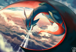 Rule 34 | 10s, above clouds, cloud, colored sclera, creatures (company), dragon, flying, game freak, gen 3 pokemon, green sclera, highres, large wings, light rays, mega pokemon, mega salamence, nintendo, no humans, pokemon, pokemon (creature), pokemon oras, sa-dui, salamence, signature, sky, wings