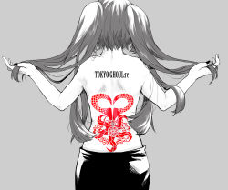 Rule 34 | 10s, 1girl, back, copyright name, from behind, greyscale, highres, long hair, monochrome, noppo, silver background, simple background, solo, tokyo ghoul, tokyo ghoul:re, topless, twintails, yonebayashi saiko
