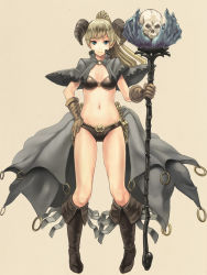 Rule 34 | 1girl, blonde hair, blue eyes, boots, breasts, brown background, full body, gloves, hand on own hip, hip focus, horns, long hair, navel, original, ponytail, simple background, skull, small breasts, smile, solo, staff, standing, tori otoko, torio (mocd1985)