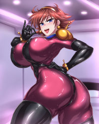Rule 34 | 1girl, ass, blue eyes, blush, bodysuit, breasts, come hither, from behind, from below, g gundam, gloves, gundam, huge ass, huge breasts, looking at viewer, mobile trace suit, naughty face, open mouth, puripuri jet, rain mikamura, red hair, shiny clothes, short hair, sideboob, skin tight, smile, solo, tongue