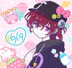 Rule 34 | 1girl, 90 sik, black hat, black hoodie, bottle, cabbie hat, candy, closed mouth, commentary request, drill, ear piercing, food, gear hat ornament, gears, hair between eyes, happy birthday, hat, hood, hoodie, ice cream, indie virtual youtuber, kaiten-tsuzuri, looking at viewer, looking to the side, milk bottle, object through head, piercing, red eyes, red hair, screw in head, short hair, solo, upper body, virtual youtuber, wrapped candy