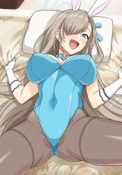 Rule 34 | 1girl, :d, animal ears, asuna (blue archive), asuna (bunny) (blue archive), bed, black pantyhose, blue archive, blue bow, blue bowtie, blue eyes, blue leotard, blue ribbon, bow, bowtie, breasts, brown hair, commentary, covered navel, detached collar, fake animal ears, forehead, gloves, hair over one eye, hair ribbon, halo, haruhisky, highleg, highleg leotard, highres, indoors, large breasts, leotard, long hair, looking at viewer, lying, male pubic hair, mole, mole on breast, official alternate costume, on back, open mouth, pantyhose, pillow, playboy bunny, pubic hair, ribbon, smile, solo, spread legs, strapless, strapless leotard, thighs, white gloves