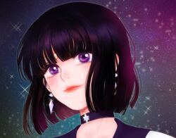 1girl bishoujo_senshi_sailor_moon black_hair blunt_bangs bob_cut choker circlet commentary_request earrings jewelry korean_commentary light_smile looking_at_viewer magical_girl pink_lips portrait purple_eyes sailor_saturn solo spang_pang star_(sky) tomoe_hotaru