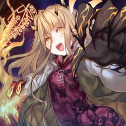 Rule 34 | 1girl, blonde hair, blunt bangs, blush, claws, fire, happy, happy halloween, horns, jacket, long hair, looking at viewer, open mouth, orange eyes, oversized clothes, reality arc (sinoalice), red riding hood (sinoalice), sidelocks, sinoalice, solo, spoilers, teroru, weapon