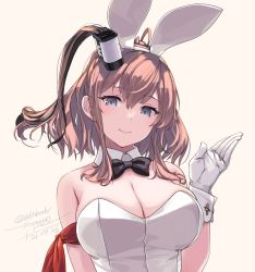 Rule 34 | 1girl, alternate costume, animal ears, armband, black bow, black bowtie, bow, bowtie, breasts, brown hair, cleavage, dated, detached collar, fake animal ears, gloves, grey eyes, hair between eyes, hair ornament, highres, kantai collection, large breasts, leotard, looking at viewer, playboy bunny, ponytail, rabbit ears, red armband, rokuwata tomoe, saratoga (kancolle), side ponytail, sidelocks, simple background, smile, smokestack, twitter username, upper body, white gloves, wrist cuffs, yellow background