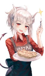 Rule 34 | 1girl, :d, ahoge, apron, clothes writing, collared shirt, cream, cream on face, demon girl, demon horns, demon tail, fang, food, food on face, fork, helltaker, highres, holding, horns, huwari (dnwls3010), long hair, looking at viewer, lucifer (helltaker), mirrored text, mole, mole under eye, open mouth, pancake, plate, ponytail, red eyes, red shirt, shirt, sidelocks, silver hair, simple background, smile, solo, sparkle, tail, tail raised, upper body, v-shaped eyebrows, white background