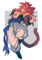 Rule 34 | 1boy, abs, absurdres, artist name, baggy pants, biceps, black footwear, black nails, black vest, black wristband, blue eyes, blue sash, body fur, boots, collarbone, dragon ball, dragon ball gt, fingernails, full body, gogeta, grey background, grin, hand on own hip, hand up, highres, long hair, looking at viewer, male focus, metamoran vest, monkey tail, muscular, muscular male, open clothes, open vest, pants, pectorals, red fur, red hair, relio db318, sash, simple background, smile, solo, spiked hair, super saiyan, super saiyan 4, tail, teeth, twitter username, two-tone background, v-shaped eyebrows, vest, white background, white pants, wristband