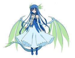 Rule 34 | 1girl, blue hair, detached sleeves, dress, leviathan (zettai bouei leviathan), lowres, solo, tail, wings, zettai bouei leviathan