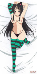 Rule 34 | 00s, 1girl, akiyama mio, armpits, arms up, artist request, black eyes, black hair, blush, breasts, curvy, dakimakura (medium), hat, hime cut, k-on!, long hair, lying, medium breasts, mini hat, mini top hat, navel, nipples, on back, panties, parted lips, shiny skin, solo, striped clothes, striped thighhighs, thighhighs, thong, top hat, topless, underwear, wide hips