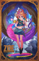 Rule 34 | 1girl, absurdly long hair, absurdres, blue hair, blue nails, bracelet, bug, butterfly, character name, commentary, flat chest, floating, freckles, full body, gradient hair, heterochromia, highres, insect, jewelry, key, league of legends, long hair, midriff, monori rogue, multicolored hair, nail polish, navel, orange hair, pendant, pink hair, purple eyes, sarong, scarf, shorts, smile, solo, toeless footwear, toenail polish, toenails, very long hair, zoe (league of legends)