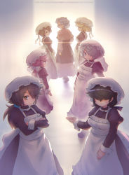 Rule 34 | 6+girls, apron, backlighting, black dress, black footwear, black hair, blue eyes, bow, closed mouth, collar, crossed arms, dress, fog, frilled collar, frills, frown, gesture, glasses, grey hair, hair bow, hair over eyes, hair over one eye, hat, highres, juliet sleeves, long dress, long hair, long sleeves, looking at viewer, looking back, maid, maid apron, medium hair, mob cap, multiple girls, ponytail, puffy sleeves, purple hair, ring dream, sankuma, shoes, short hair, smile, standing, walking, white apron, white bow, white headwear