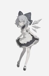Rule 34 | 1girl, absurdres, apron, black dress, black footwear, blue bow, blue eyes, blue hair, bow, cirno, closed mouth, detached wings, dress, fairy, frilled apron, frills, full body, grey background, hair between eyes, hair bow, highres, ice, ice wings, looking at viewer, puffy short sleeves, puffy sleeves, rcs 4, shoes, short hair, short sleeves, simple background, smile, socks, solo, touhou, white apron, white socks, wings, wrist cuffs