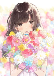 Rule 34 | 1girl, :d, aqua flower, bare arms, blunt bangs, blush, bouquet, brown eyes, brown hair, colorful, daisy, earrings, floating hair, flower, flower earrings, gradient background, happy, highres, holding, holding bouquet, holding flower, jewelry, leaf, light particles, looking at viewer, multicolored background, necojishi, open mouth, original, pink flower, pink rose, purple flower, purple rose, red flower, red rose, rose, shirt, short hair, simple background, smile, solo, tulip, upper body, white flower, white shirt, yellow flower, yellow rose