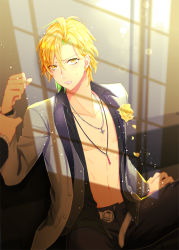Rule 34 | 1boy, belt, blonde hair, cross, cross necklace, flower, formal, hypnosis mic, izanami hifumi, jewelry, kochi (tinga), lips, looking at viewer, male focus, multiple boys, navel, necklace, open clothes, open shirt, out of frame, pov, rose, solo focus, suit, sweatdrop, yellow flower, yellow rose