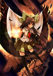 Rule 34 | 1girl, arm cannon, baisi shaonian, black hair, black thighhighs, black wings, cape, feathers, female focus, haraguroi you, large wings, long hair, radiation symbol, red eyes, reiuji utsuho, smile, solo, thighhighs, third eye, touhou, weapon, wings