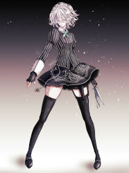 Rule 34 | 1girl, bad id, bad twitter id, between fingers, black footwear, black gloves, black thighhighs, blue eyes, braid, breasts, closed mouth, commentary request, expressionless, fingerless gloves, full body, gloves, gradient background, hair between eyes, highres, holding, holding knife, izayoi sakuya, jan (lightdragoon), knife, knives between fingers, koumajou densetsu, long sleeves, looking at viewer, maid, maid headdress, medium breasts, pocket watch, short hair, sidelocks, solo, thighhighs, touhou, twin braids, watch