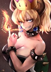 Rule 34 | 1girl, bare shoulders, blonde hair, blue eyes, bowsette, bracelet, breasts, character name, choker, collar, collarbone, commentary request, crown, earrings, fire, grin, hair between eyes, highres, horns, jewelry, large breasts, looking at viewer, mario (series), middle finger, nail polish, new super mario bros. u deluxe, nintendo, ponytail, sharp teeth, short hair, smile, solo, souryu, studded bracelet, studded collar, super crown, teeth, upper body, veins