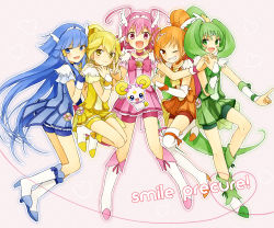 Rule 34 | 10s, 5girls, aoki reika, bike shorts, blonde hair, blue dress, blue eyes, blue hair, blue skirt, boots, bow, bowtie, brooch, candy (smile precure!), choker, circlet, copyright name, cure beauty, cure happy, cure march, cure peace, cure sunny, dress, earrings, full body, gloves, green dress, green eyes, green hair, green shorts, green skirt, grin, hair bun, hair flaps, hair tubes, hand on shoulder, happy, head wings, heart, heart of string, highres, hino akane (smile precure!), holding hands, hoshizora miyuki, jammy21, jewelry, kise yayoi, knee boots, long hair, magical girl, midorikawa nao, multiple girls, no nose, one eye closed, orange dress, orange eyes, orange hair, orange skirt, pink bow, pink dress, pink eyes, pink hair, pink shorts, pink skirt, pointing, ponytail, precure, red shorts, shoes, shorts, shorts under skirt, sidelocks, single hair bun, skirt, smile, smile precure!, thighhighs, tiara, tri tails, v, white background, white legwear, wings, wink, wrist cuffs, yellow dress, yellow eyes, yellow shorts, yellow skirt