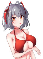 Rule 34 | 1girl, :q, absurdres, ahoge, arknights, bare arms, bare shoulders, bikini, blush, blz buluozhang, breast hold, breasts, choker, collarbone, commentary, grey hair, highres, horns, large breasts, looking at viewer, orange eyes, red bikini, red choker, short hair, simple background, smile, solo, stomach, swimsuit, tongue, tongue out, upper body, w (arknights), white background